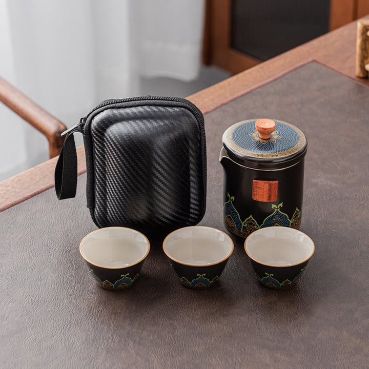 Buddha Stones Flower Chinese Gongfu Ceramic Teapot Portable Outdoor Travel Tea Set Bag