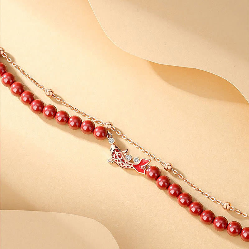 Buddha Stones 925 Sterling Silver Lucky Koi Fish Cinnabar Zircon Prosperity Double Layer Chain Bracelet - image 5