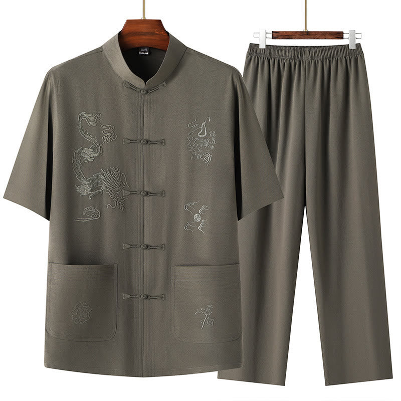 Buddha Stones Tang Suit Hanfu Chinese Dragon Traditional Kung Fu Uniform Short Sleeve Tops and Pants Clothing Men's Set - Army Green - US/UK/AU44，EU54 (4XL) - image 2