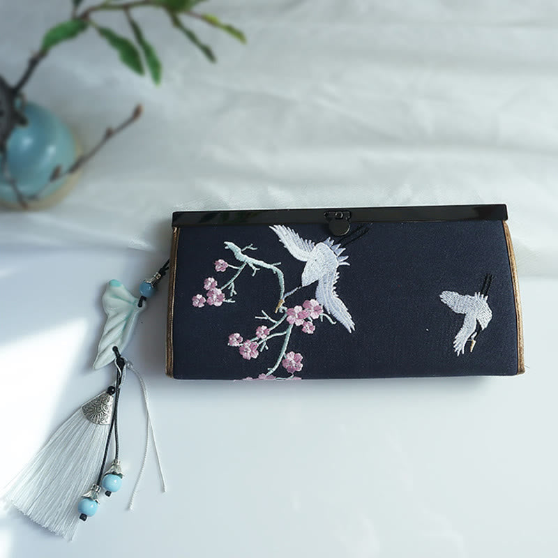 Buddha Stones Flower Plum Peach Blossom Bamboo Double-sided Embroidery Large Capacity Cash Holder Wallet Shopping Purse