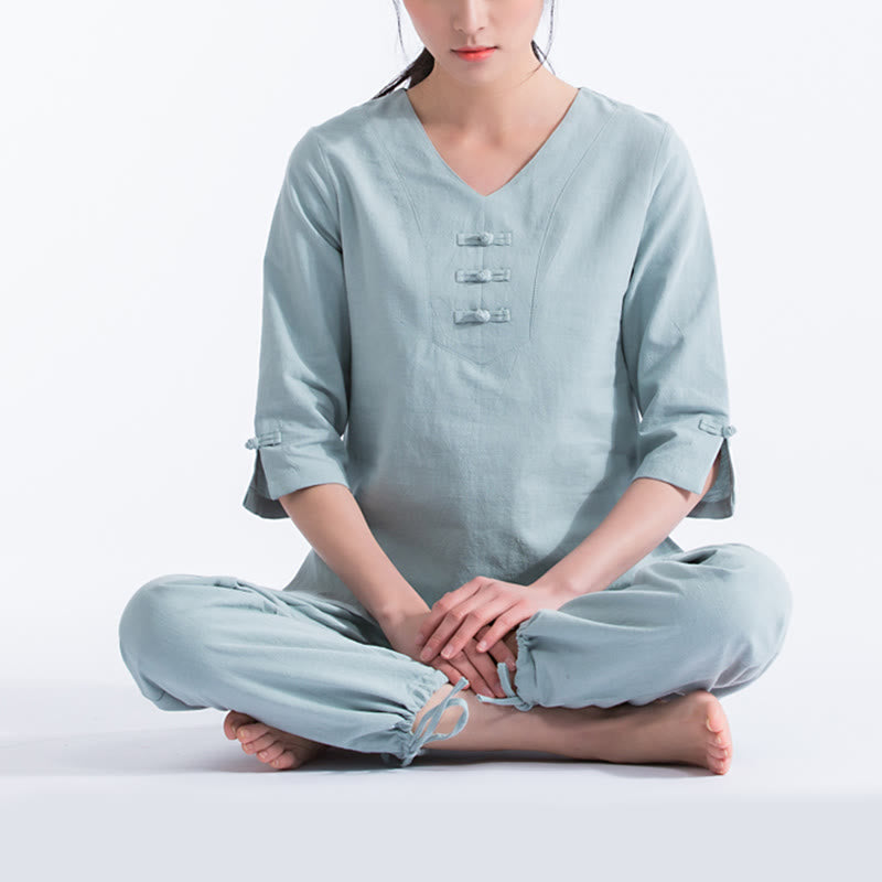 Buddha Stones Yoga Meditation Prayer V-neck Design Cotton Linen Clothing Uniform Zen Practice Women's Set