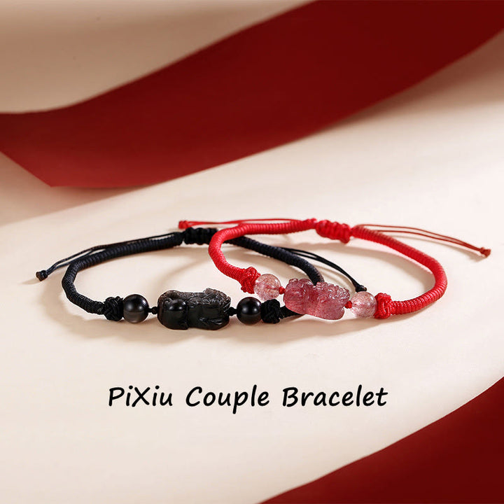 Buddha Stones Handmade Natural Silver Sheen Obsidian Strawberry Quartz PiXiu Protection Braided Bracelet - image 0
