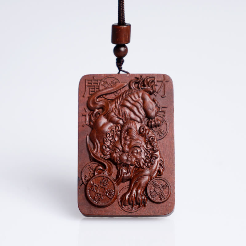 Buddha Stones Natural Lightning Struck Jujube Wood PiXiu Copper Coin Good Fortune Necklace Pendant