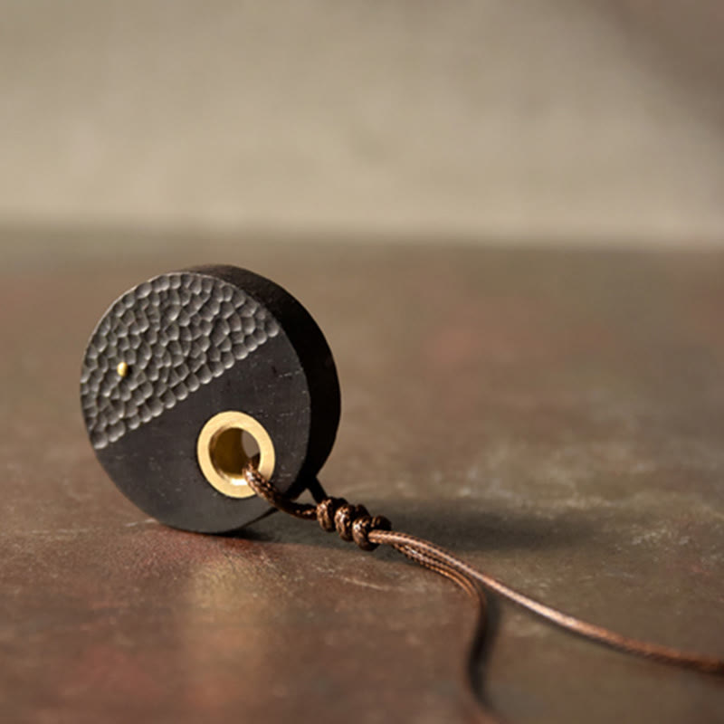 Buddha Stones Handcrafted Round Ebony Wood Brass Copper Peace Necklace Pendant - image 4