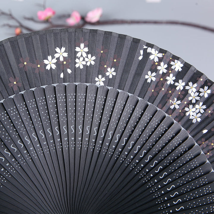 Buddha Stones Cherry Blossom Sakura Camellia Handheld Silk Bamboo Folding Fan 21cm