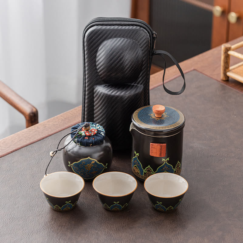 Buddha Stones Flower Chinese Gongfu Ceramic Teapot Portable Outdoor Travel Tea Set Bag