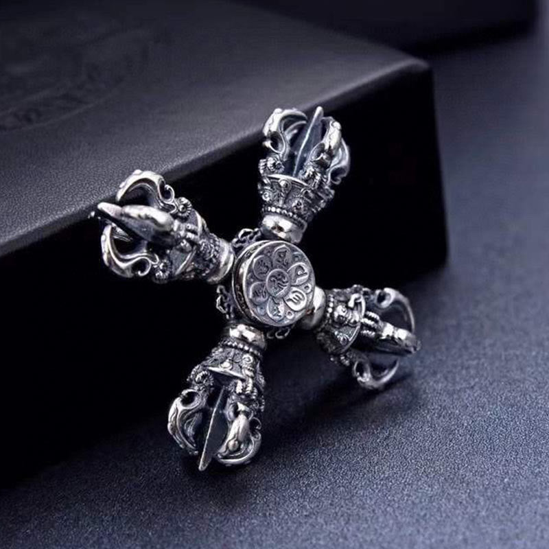 Tibetan 925 Sterling Silver Double Dorje Vajra Engraved Spiritual Power Pendant - image 1