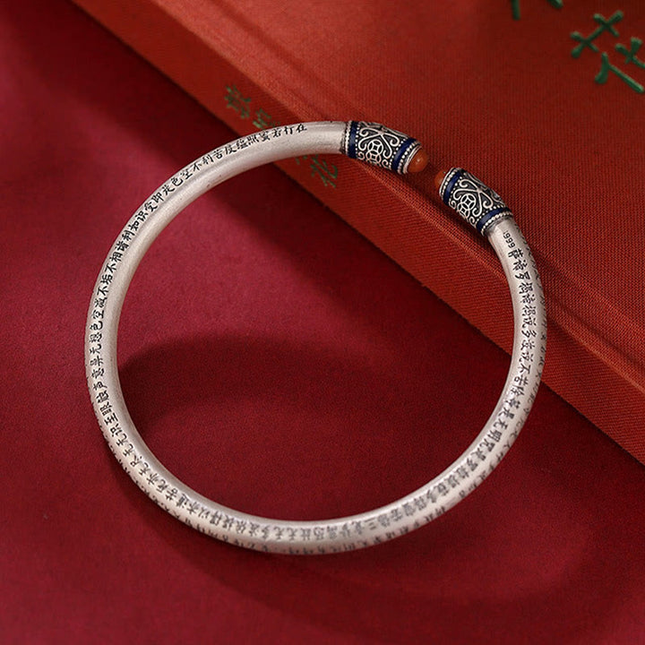 Buddha Stones 999 Sterling Silver Heart Sutra Engraved Red Agate Protection Bracelet Bangle - 18cm(Adjustable) - image 1