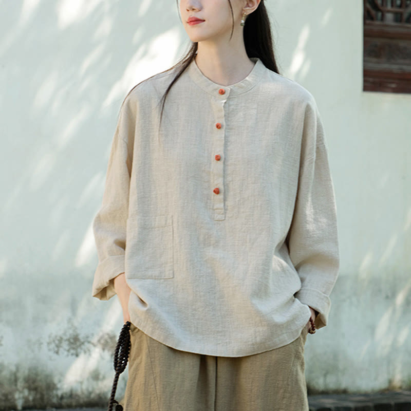 Buddha Stones Solid Color Loose Button Blouse Long Sleeve Shirt Top