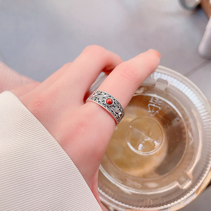 Buddha Stones 925 Sterling Silver Embedded Red Agate Auspicious Clouds Logical Thinking Ring