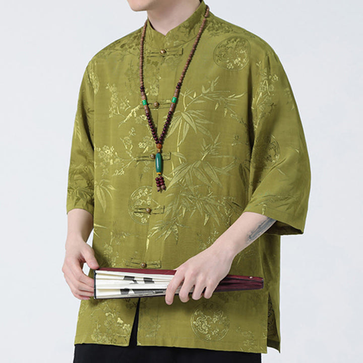 Buddha Stones Peach Blossom Bamboo Leaves Frog-button Chinese Half Sleeve Shirt Men T-shirt