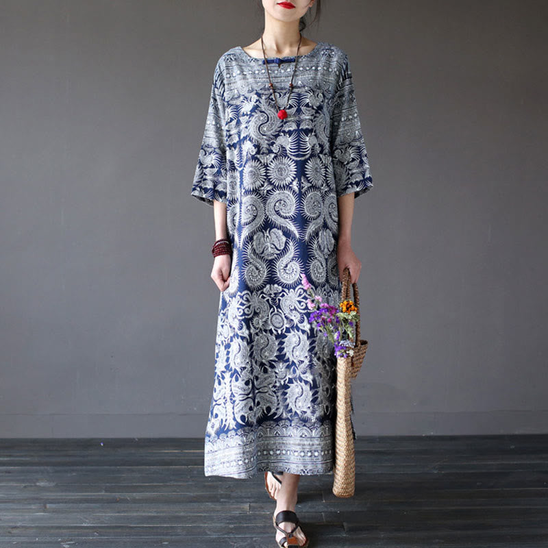 Buddha Stones Blue White Flower Printed Button Midi Dress Three Quarter Sleeve Cotton Linen Dress With Pockets