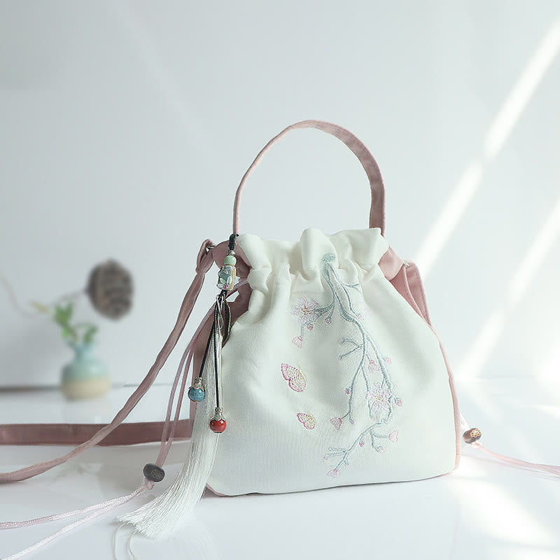 Buddha Stones Handmade Embroidered Flowers Canvas Tote Shoulder Bag Handbag - Pink White Cherry Blossom 20*20cm - image 23