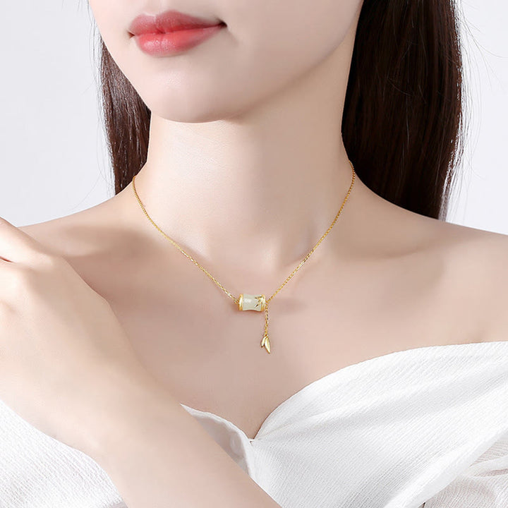 Buddha Stones 925 Sterling Silver 22K Gold Hetian White Jade Bamboo Leaf Luck Necklace Pendant Bracelet - image 3