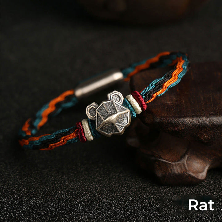 Buddha Stones Handmade 999 Sterling Silver Year of the Dragon Chinese Zodiac Protection Colorful Reincarnation Knot Rope Bracelet - Rat - 19cm - image 10