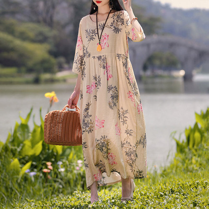 Buddha Stones Flowers Print Midi Dress Cotton Linen Tunic Dress With Pockets