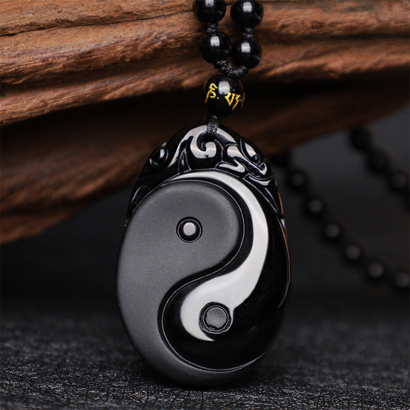 Buddha Stones Natural Black Obsidian Yin Yang Fulfilment Strength Necklace Pendant