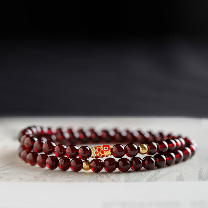 Buddha Stones 999 Gold Koi Fish Natural Garnet Protection Bracelet - 5mm-Garnet&Gold Koi Fish Double Wrap Bracelet - 17cm - image 12