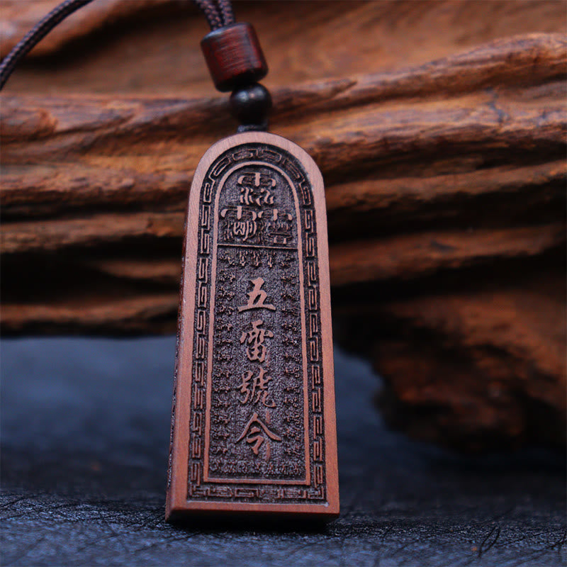 Buddha Stones Lightning Struck Jujube Wood Taoist Five Thunder Order Luck Protection Necklace Pendant