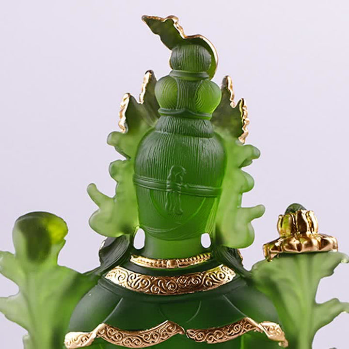 Bodhisattva Green Tara Handmade Liuli Crystal Art Piece Protection Home Office Statue Decoration