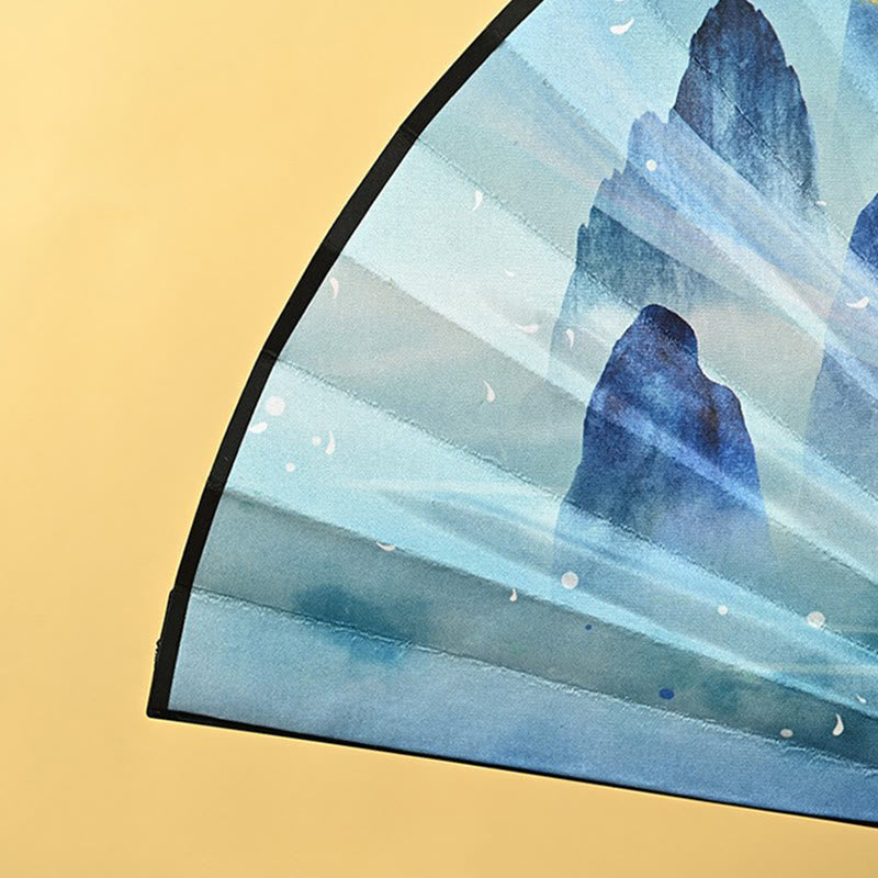 Buddha Stones Vintage Phoenix Nine Tailed Fox Flower Bamboo Tiger Handheld Folding Fan Lotus Tassel Fan