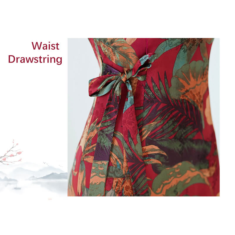 Buddha Stones Silk Qipao Dress Retro Flower Leaf Pattern Women's Cheongsam Dress - image 13