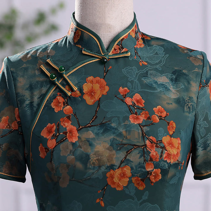 Buddha Stones Retro Flower Lotus Peony Feather Print Qipao Dress Women's Cheongsam Dress - image 5