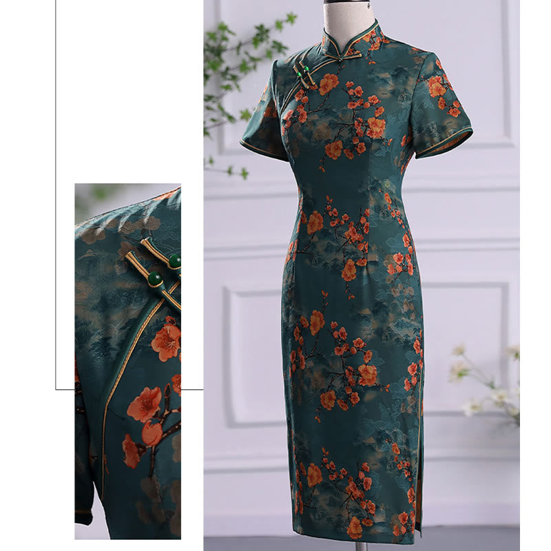 Buddha Stones Retro Flower Lotus Peony Feather Print Qipao Dress Women's Cheongsam Dress - image 12