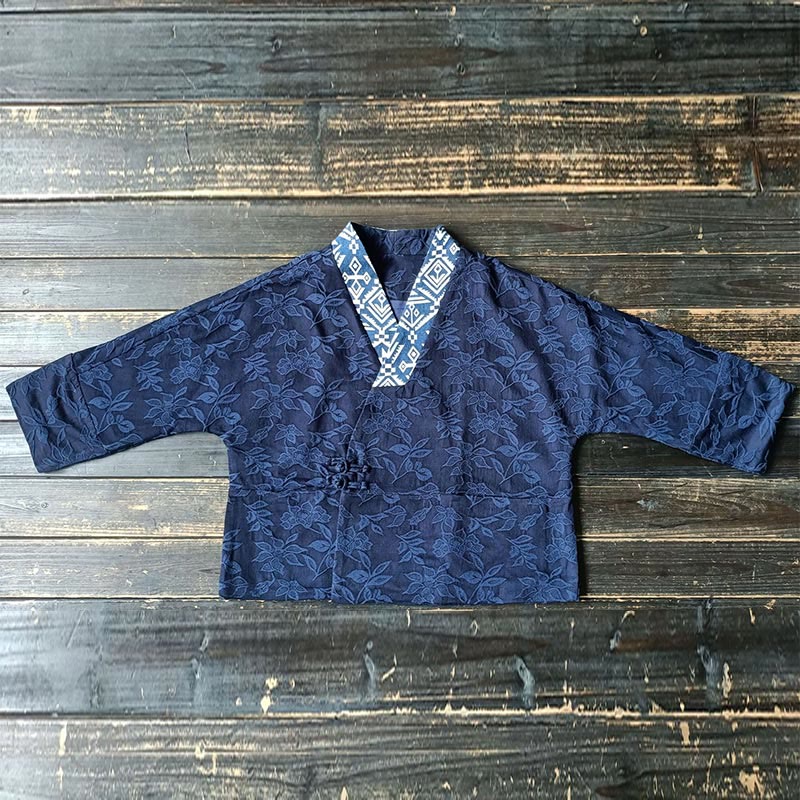 Buddha Stones Flower Jacquard V-Neck Long Sleeve Jacket