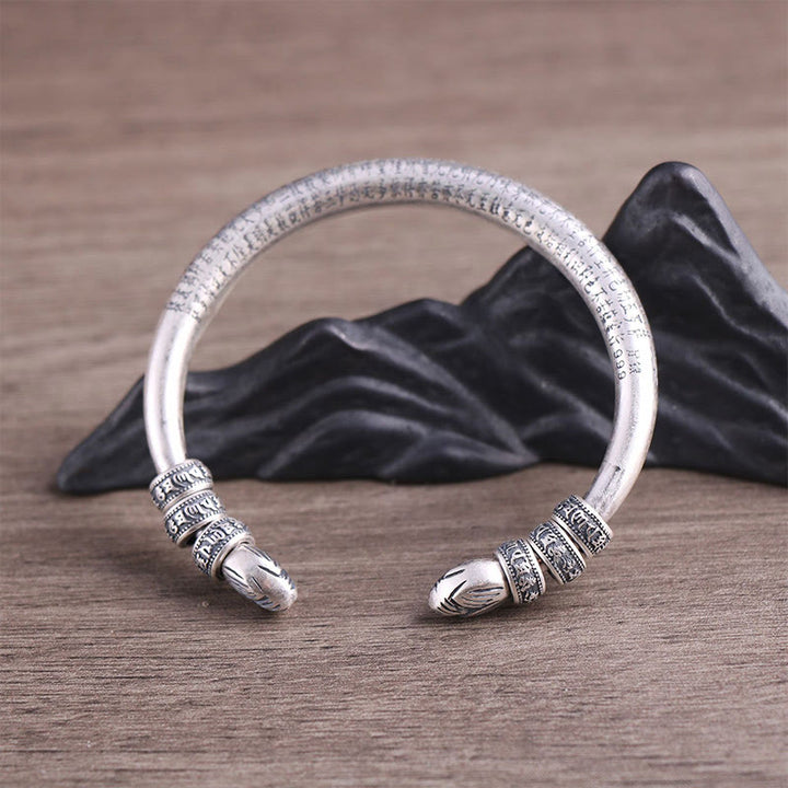 Buddha Stones 999 Sterling Silver Heart Sutra Om Mani Padme Hum Engraved Peace Purity Bracelet Bangle - image 6