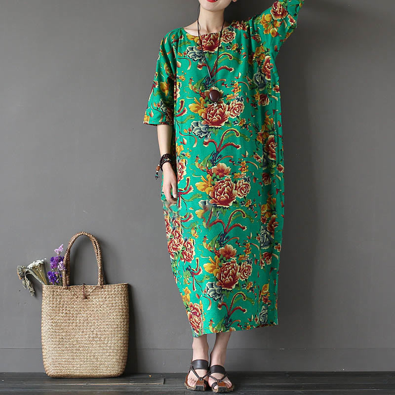 Buddha Stones Red Peony Flowers Printed Midi Dress Half Sleeve Cotton Linen Dress