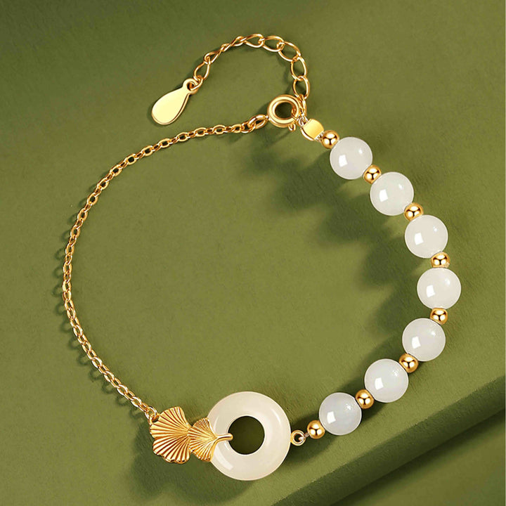 Buddha Stones 925 Sterling Silver Hetian White Jade Peace Buckle Ginkgo Leaf Luck Bracelet - image 1