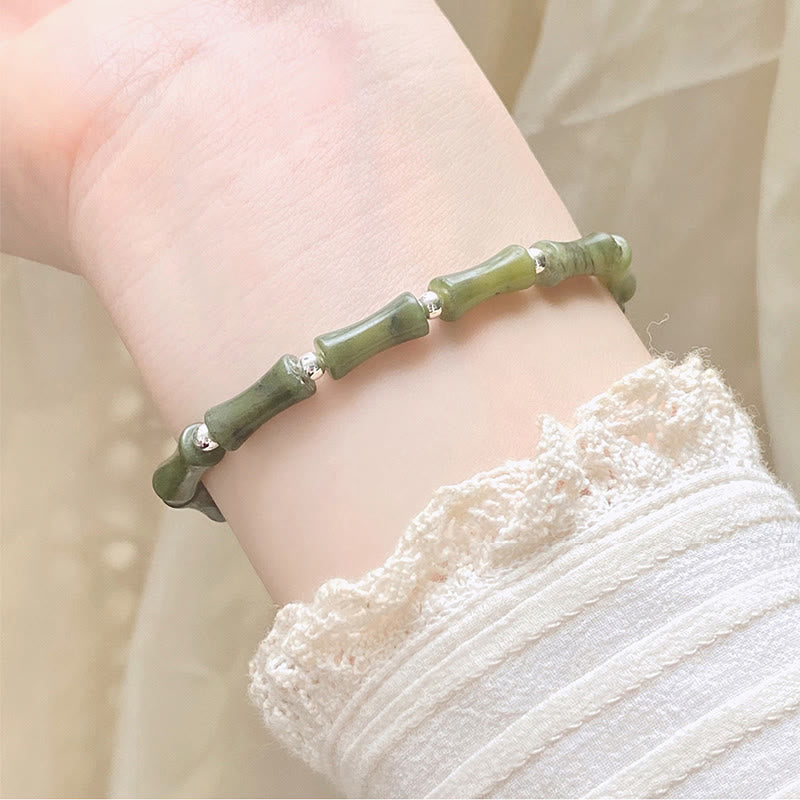Buddha Stones 925 Sterling Silver Bamboo Jade Lucky Cat Fu Character Luck Abundance Bracelet - image 11