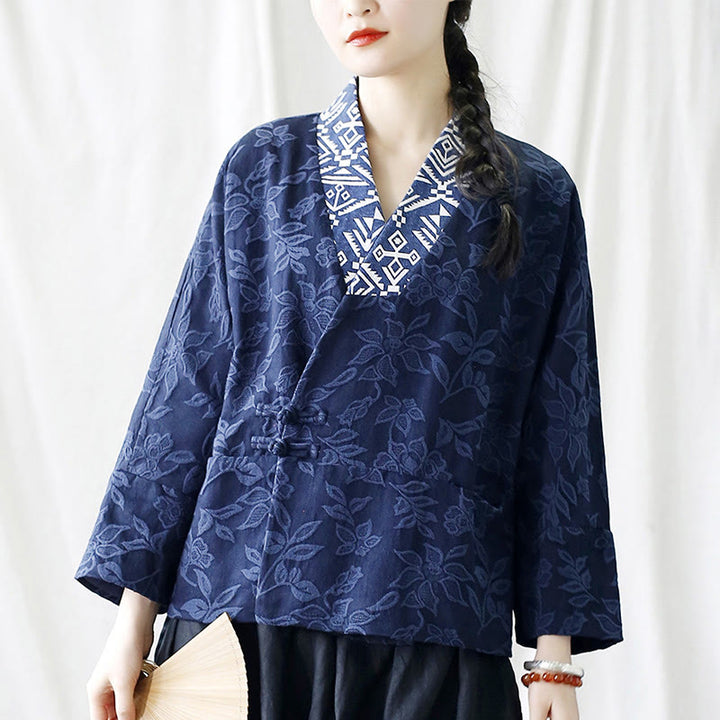 Buddha Stones Flower Jacquard V-Neck Long Sleeve Jacket