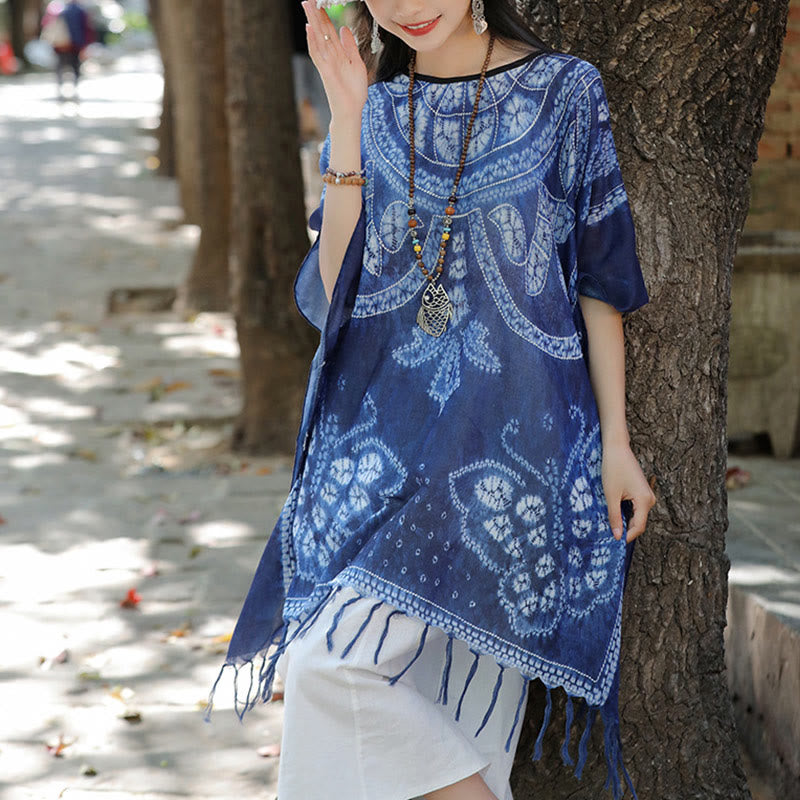 Buddha Stones Blue Butterfly Indigo Dyeing Shawl Tassels Cozy Travel Pullover 90*95cm