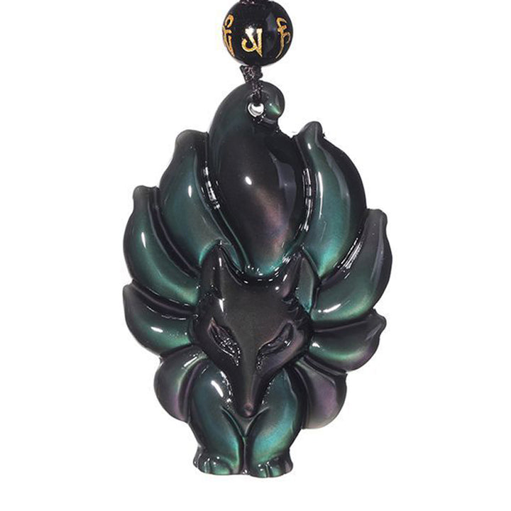 Buddha Stones Natural Rainbow Obsidian Gold Sheen Obsidian Nine Tailed Fox Positive Necklace Pendant