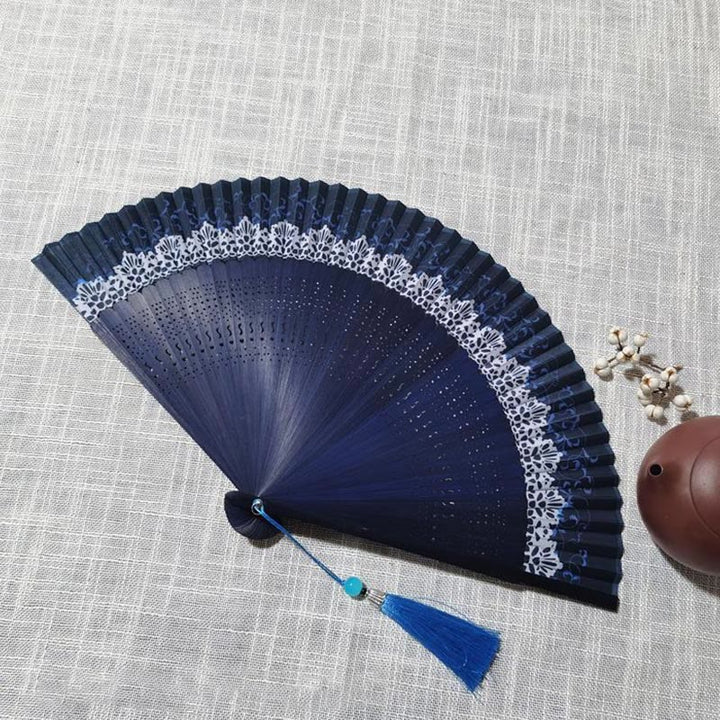 Buddha Stones Simple Hollow Engraved Handheld Bamboo Folding Fan