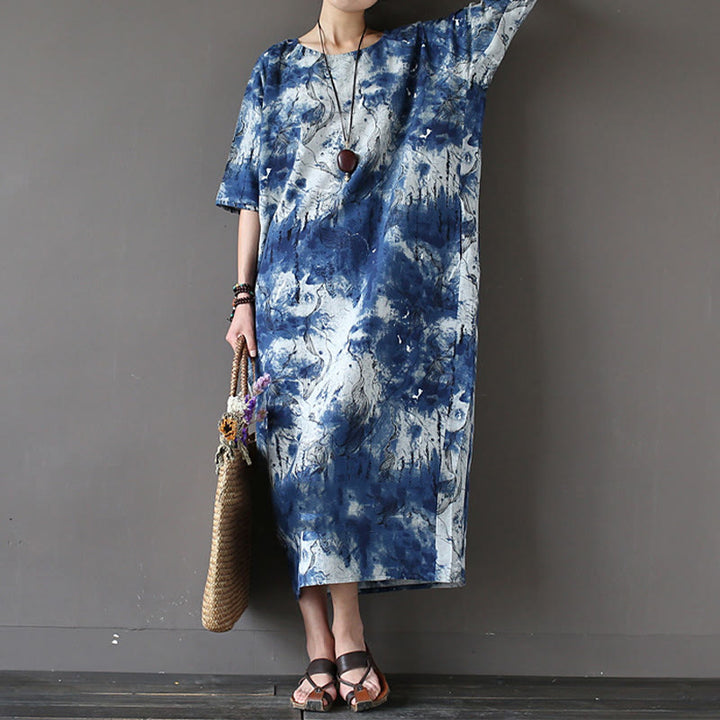 Buddha Stones Ink Tie Dye Midi Dress Three Quarter Sleeve Cotton Linen Dress With Pockets