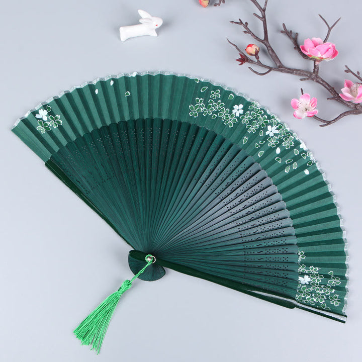 Buddha Stones Cherry Blossom Sakura Camellia Handheld Silk Bamboo Folding Fan 21cm