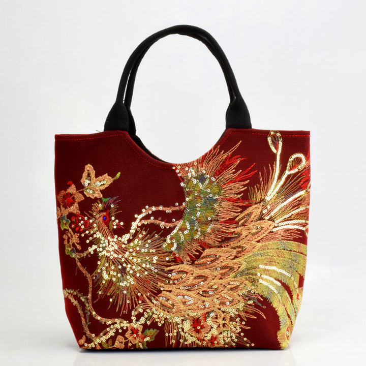 Buddha Stones Peacock Double-sided Embroidery Tote Bag Shoulder Bag Crossbody Bag - Wine Red Peacock - Simple Tote Bag - image 17