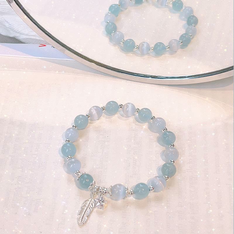Buddha Stones 925 Sterling Silver Aquamarine Cat's Eye Healing Feather Star Charm Bracelet - image 6