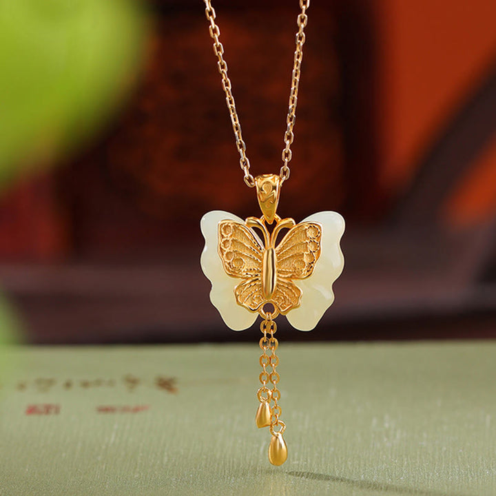 Buddha Stones 925 Sterling Silver Plated Gold Hetian White Jade Butterfly Blessing Necklace Pendant - image 3
