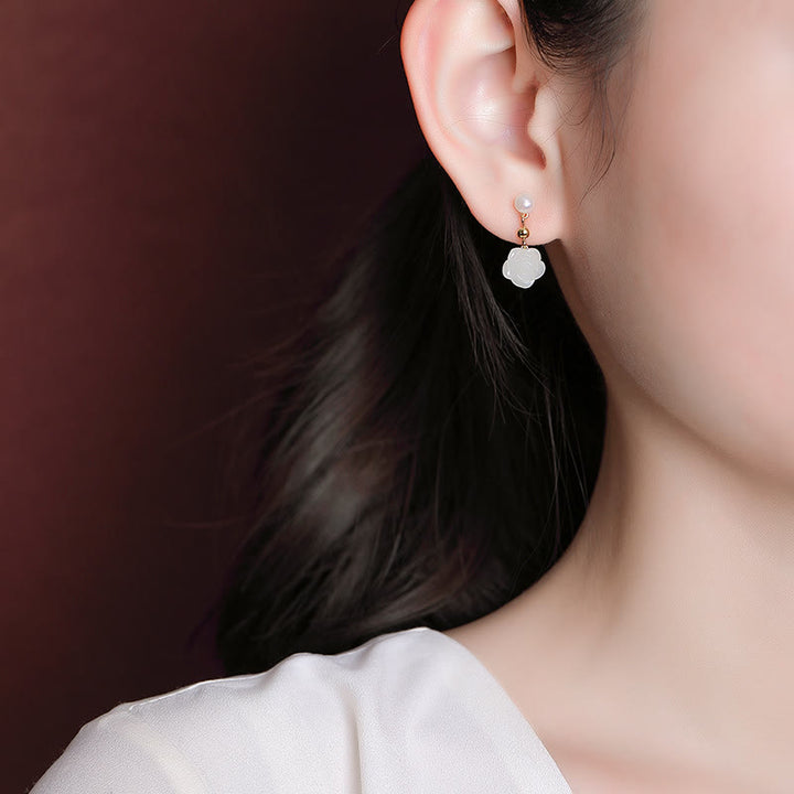 Buddha Stones 925 Sterling Silver Plated Gold Jade Rose Flower Cyan Jade Pearl Luck Earrings - image 6