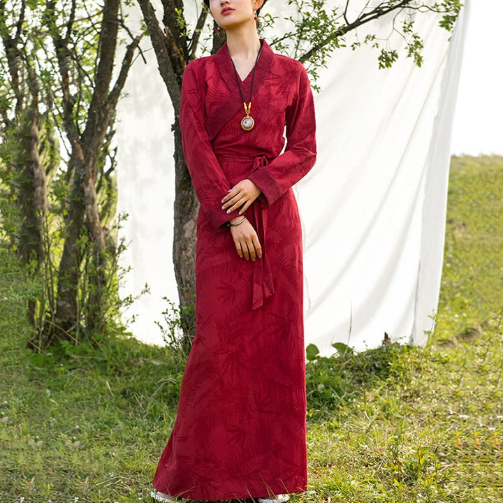 Buddha Stones Tibetan Dress Clothing Lhasa Long Wrap Dress Maxi Dress Women Clothing - Red (bamboo leaves pattern) - US8-10，UK/AU12-14，EU40-42 (XL) - image 10