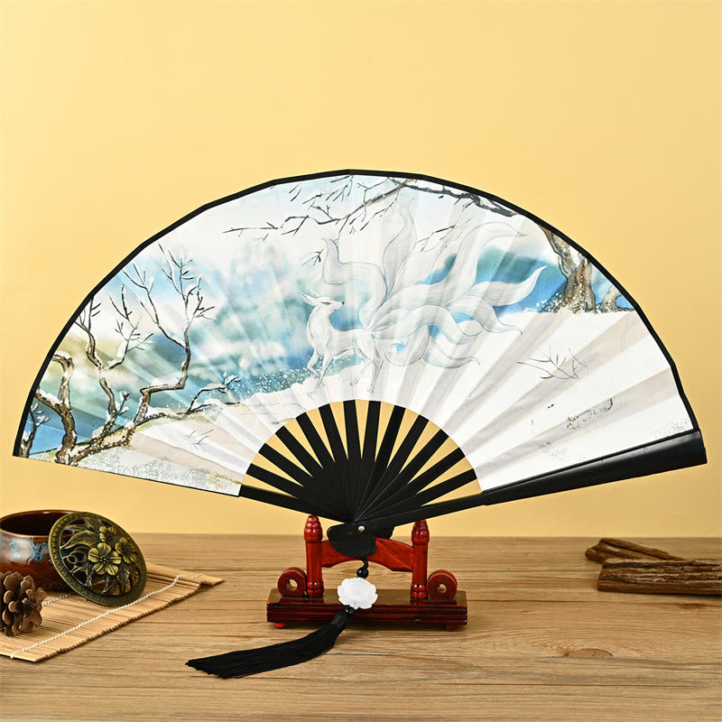 Buddha Stones Vintage Phoenix Nine Tailed Fox Flower Bamboo Tiger Handheld Folding Fan Lotus Tassel Fan