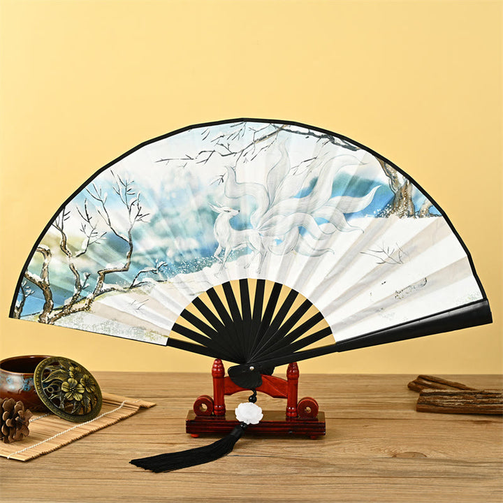 Buddha Stones Vintage Phoenix Nine Tailed Fox Flower Bamboo Tiger Handheld Folding Fan Lotus Tassel Fan