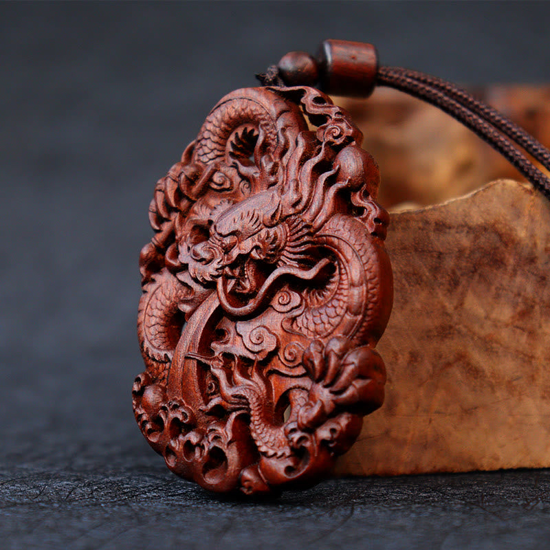 Buddha Stones Lightning Struck Jujube Wood Double Dragon Relief Ward Off Evil Spirits Necklace Pendant