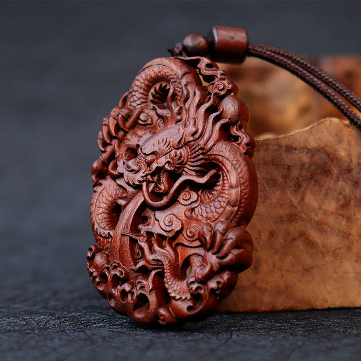 Buddha Stones Lightning Struck Jujube Wood Double Dragon Relief Ward Off Evil Spirits Necklace Pendant