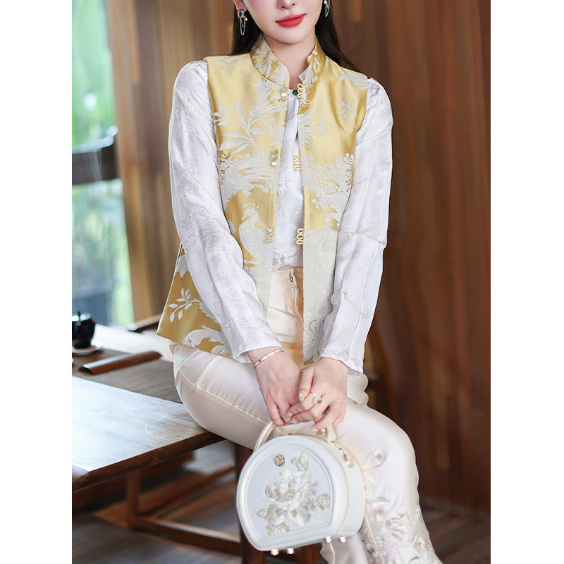 Buddha Stones Peacock Flower Pattern Tang Suit Design Vest Jacket