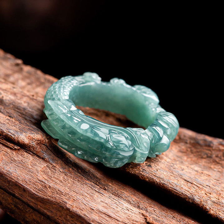 Buddha Stones Natural Jade Dragon Success Ring